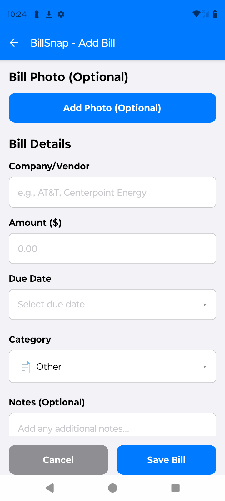Add Bill Screen