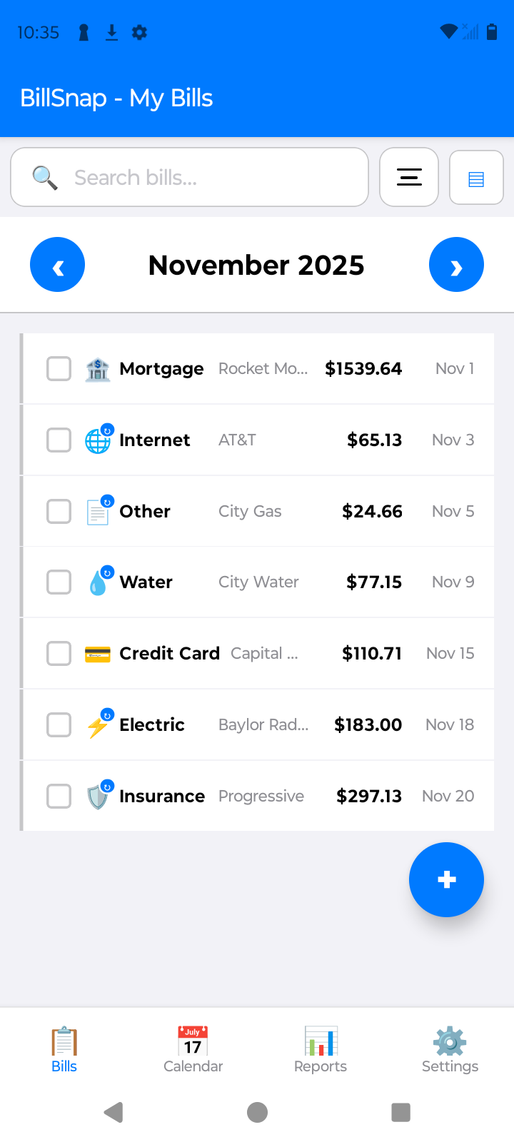 BillSnap App - My Bills Screen